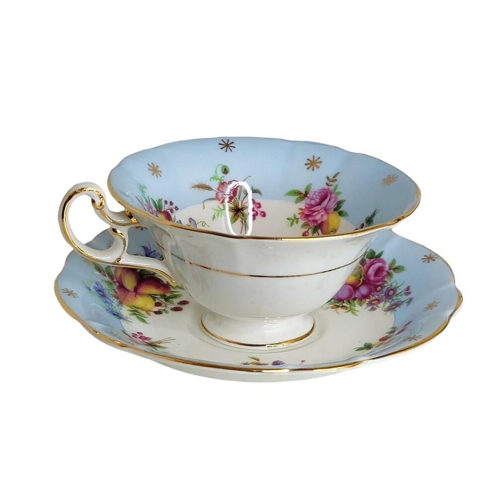 Vtg E.B Foley Beautiful Cup & Saucer Fruit Floral Sky Blue Wide Mouth Gold Rim - Picture 10 of 12